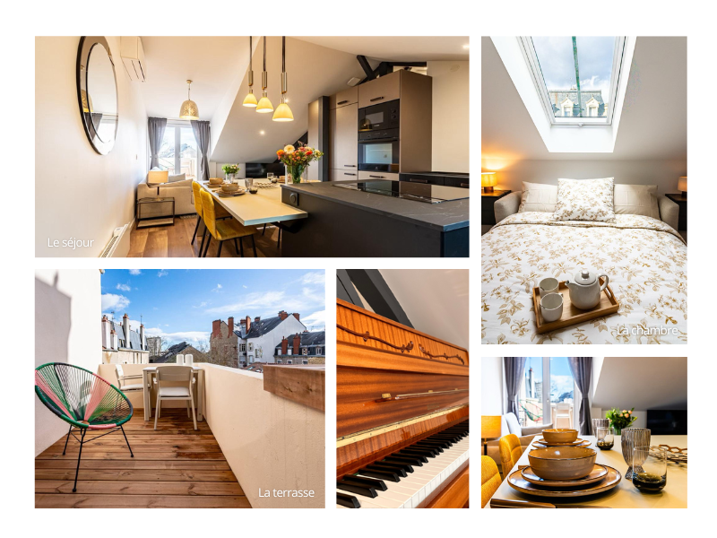Ensemble d'images représentant l'appartement "L'incroyable" avec piano et terrasse qui est à louer au coeur de Dijon.