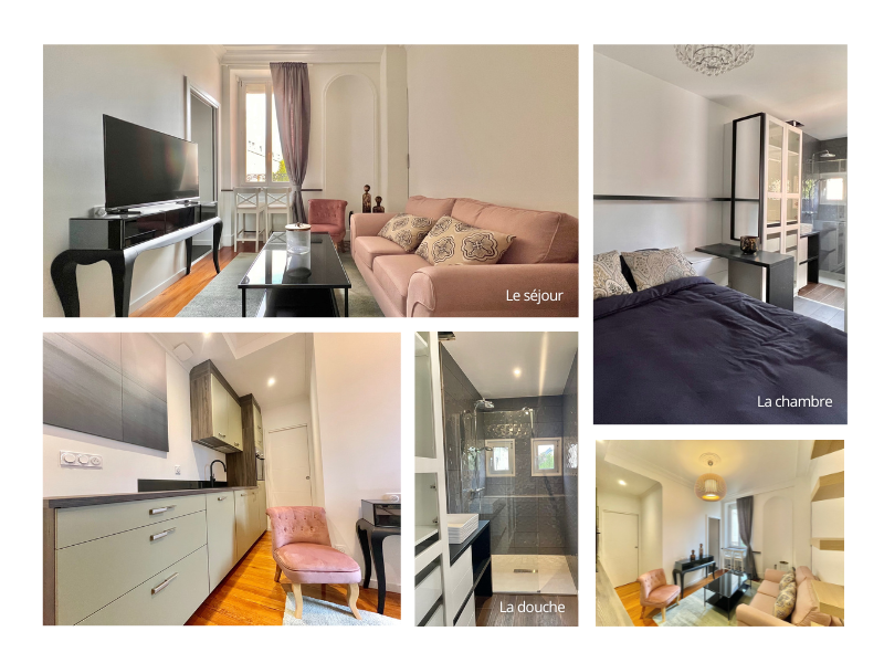 Ensemble d'images représentant l'appartement "Le nid de papillons" qui est à louer au coeur de Dijon.
